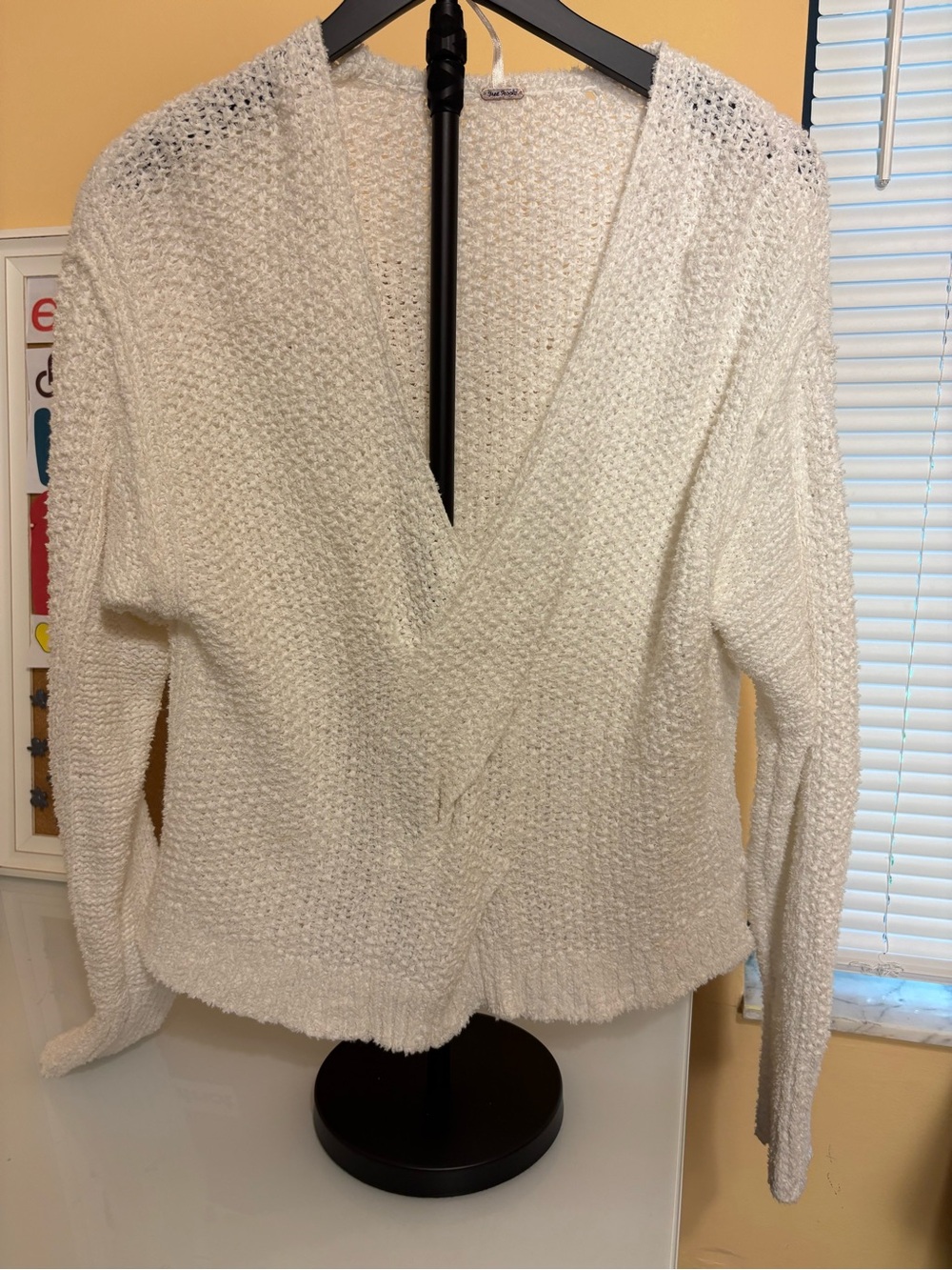 Free People White V-Neck Knit Sweater with Coco Twist Front